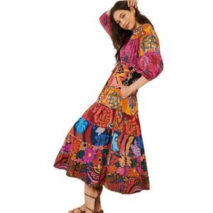 Farm Rio Button Front Maxi Dress Sz Sml Tiered Colorful Puff Sleeves Lined
